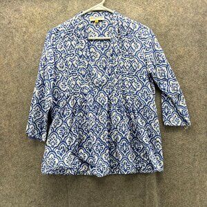 Roberta Roller Rabbit Blouse Women XS Blue Geometric Boho Print 3/4 Sleeve Shirt